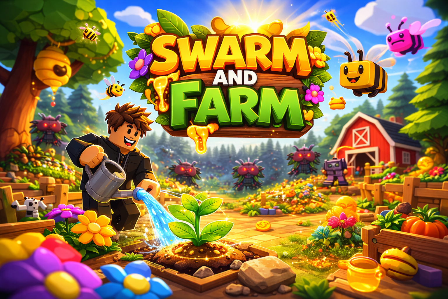 Swarm And Farm — colorful Roblox garden with characters defending flowers from cartoon bugs