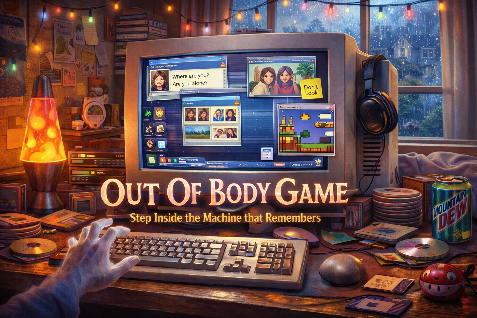 Out Of Body Experience — a retro 90s desktop with glowing CRT monitor, instant messenger windows, and a hand reaching for the keyboard
